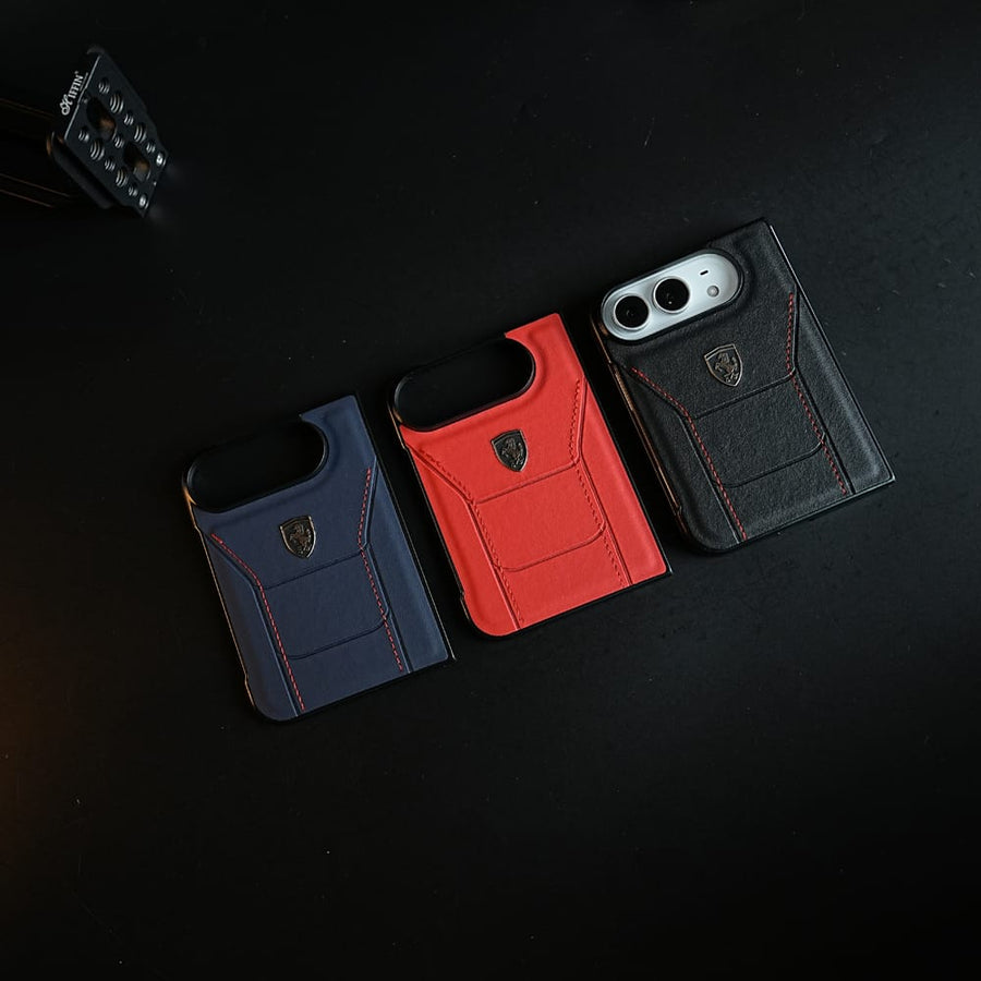 Racing-Inspired Leather-Texture Case for iPhone Duo | Sporty Stitching & Shield Emblem Design