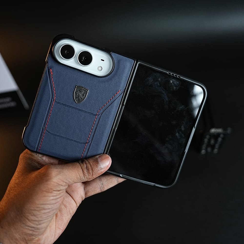 Racing-Inspired Leather-Texture Case for iPhone Duo | Sporty Stitching & Shield Emblem Design