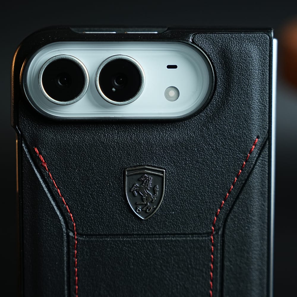 Racing-Inspired Leather-Texture Case for iPhone Duo | Sporty Stitching & Shield Emblem Design