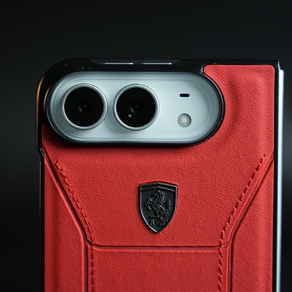 Racing-Inspired Leather-Texture Case for iPhone Duo | Sporty Stitching & Shield Emblem Design