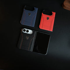 Racing-Inspired Leather-Texture Case for iPhone Duo | Sporty Stitching & Shield Emblem Design