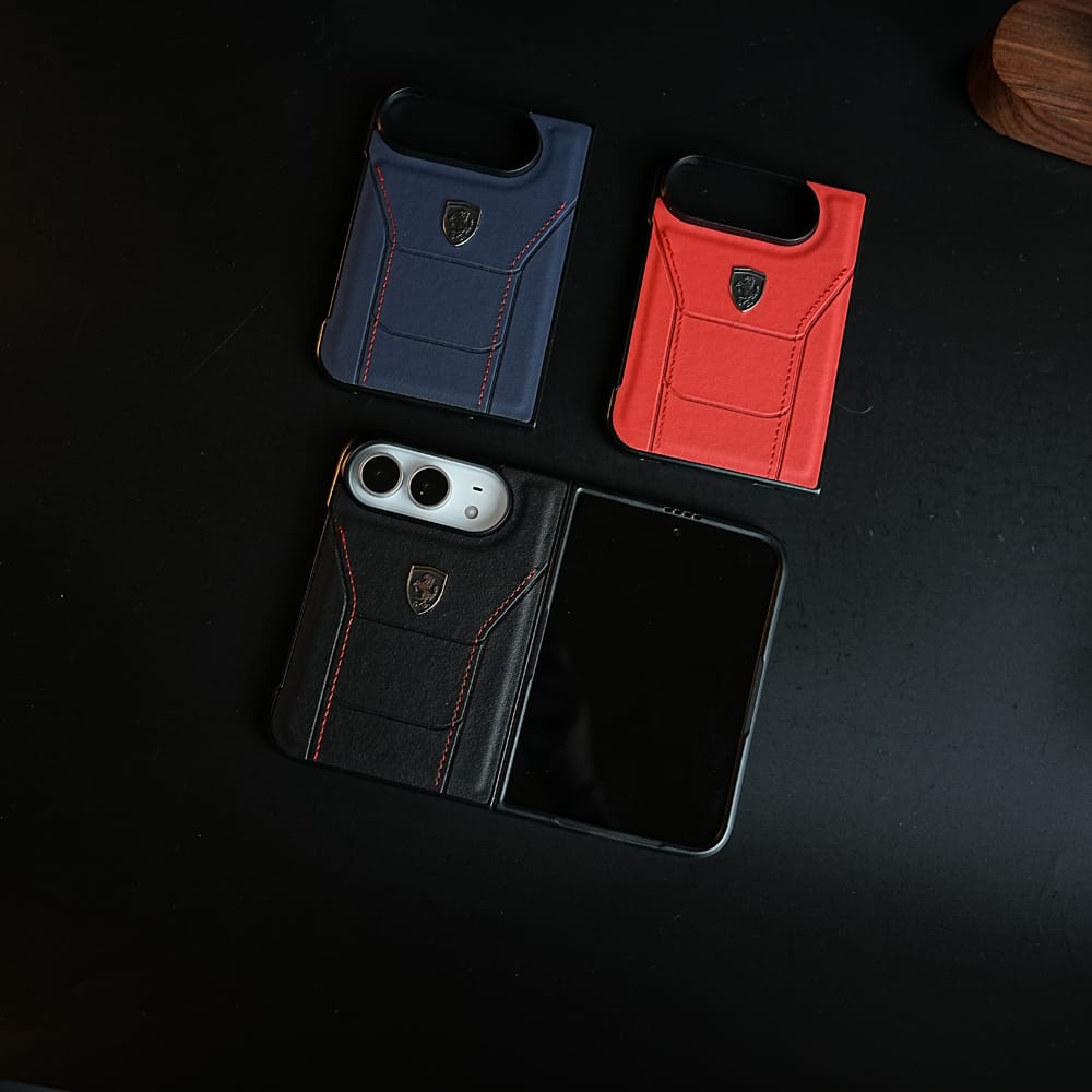Racing-Inspired Leather-Texture Case for iPhone Duo | Sporty Stitching & Shield Emblem Design