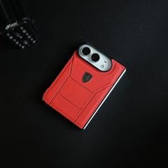 Racing-Inspired Leather-Texture Case for iPhone Duo | Sporty Stitching & Shield Emblem Design