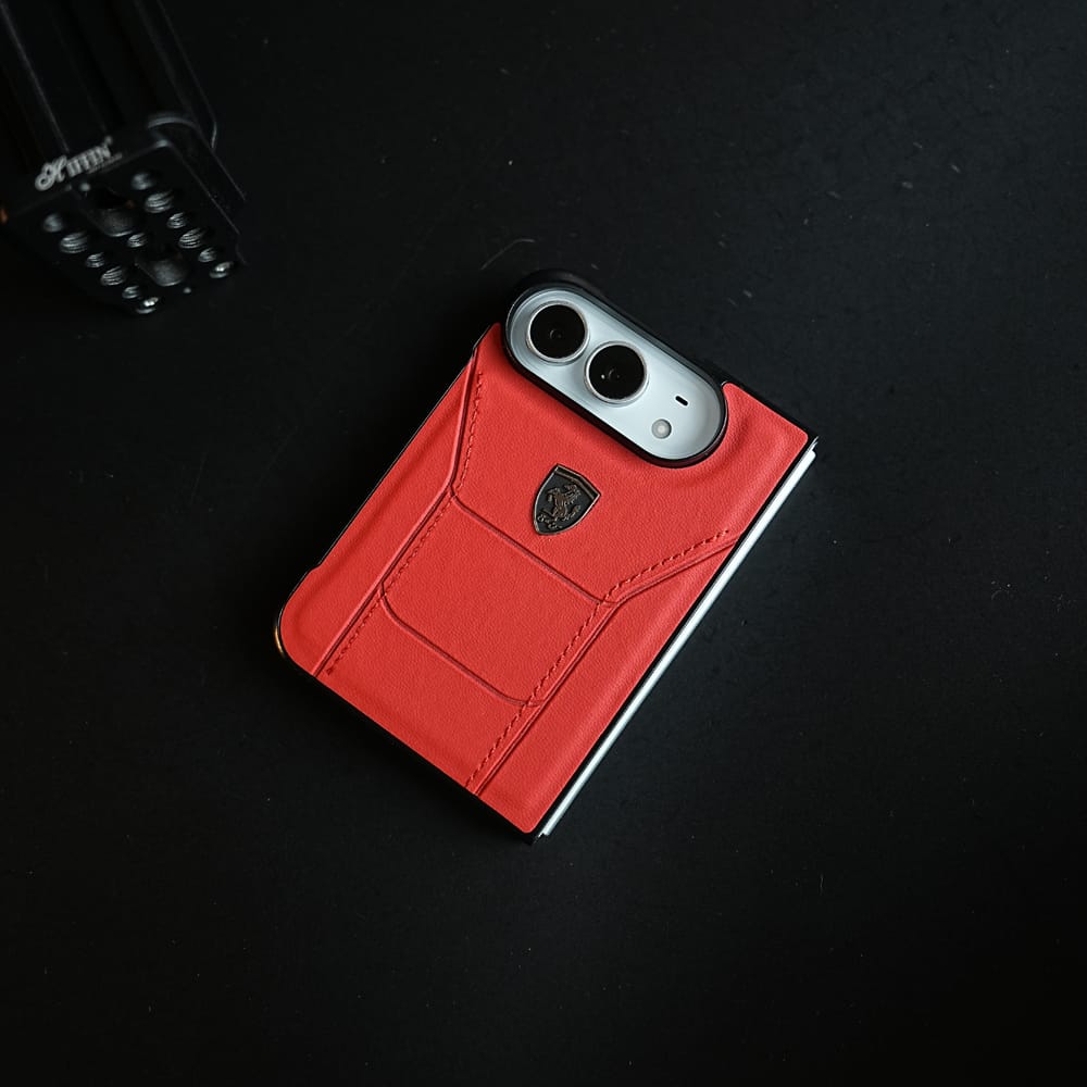 Racing-Inspired Leather-Texture Case for iPhone Duo | Sporty Stitching & Shield Emblem Design