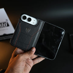 Racing-Inspired Leather-Texture Case for iPhone Duo | Sporty Stitching & Shield Emblem Design