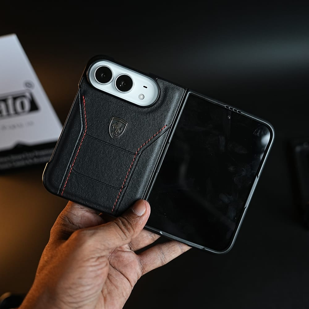 Racing-Inspired Leather-Texture Case for iPhone Duo | Sporty Stitching & Shield Emblem Design