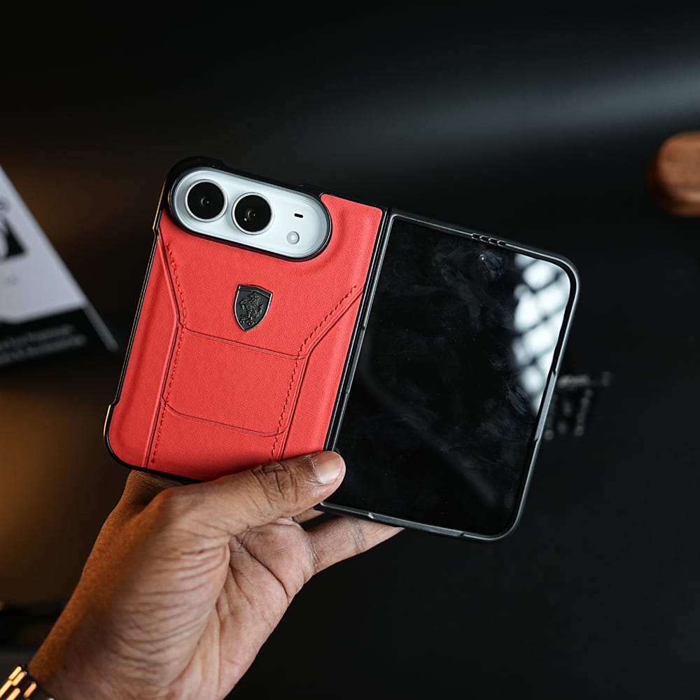 Racing-Inspired Leather-Texture Case for iPhone Duo | Sporty Stitching & Shield Emblem Design