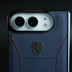 Racing-Inspired Leather-Texture Case for iPhone Duo | Sporty Stitching & Shield Emblem Design