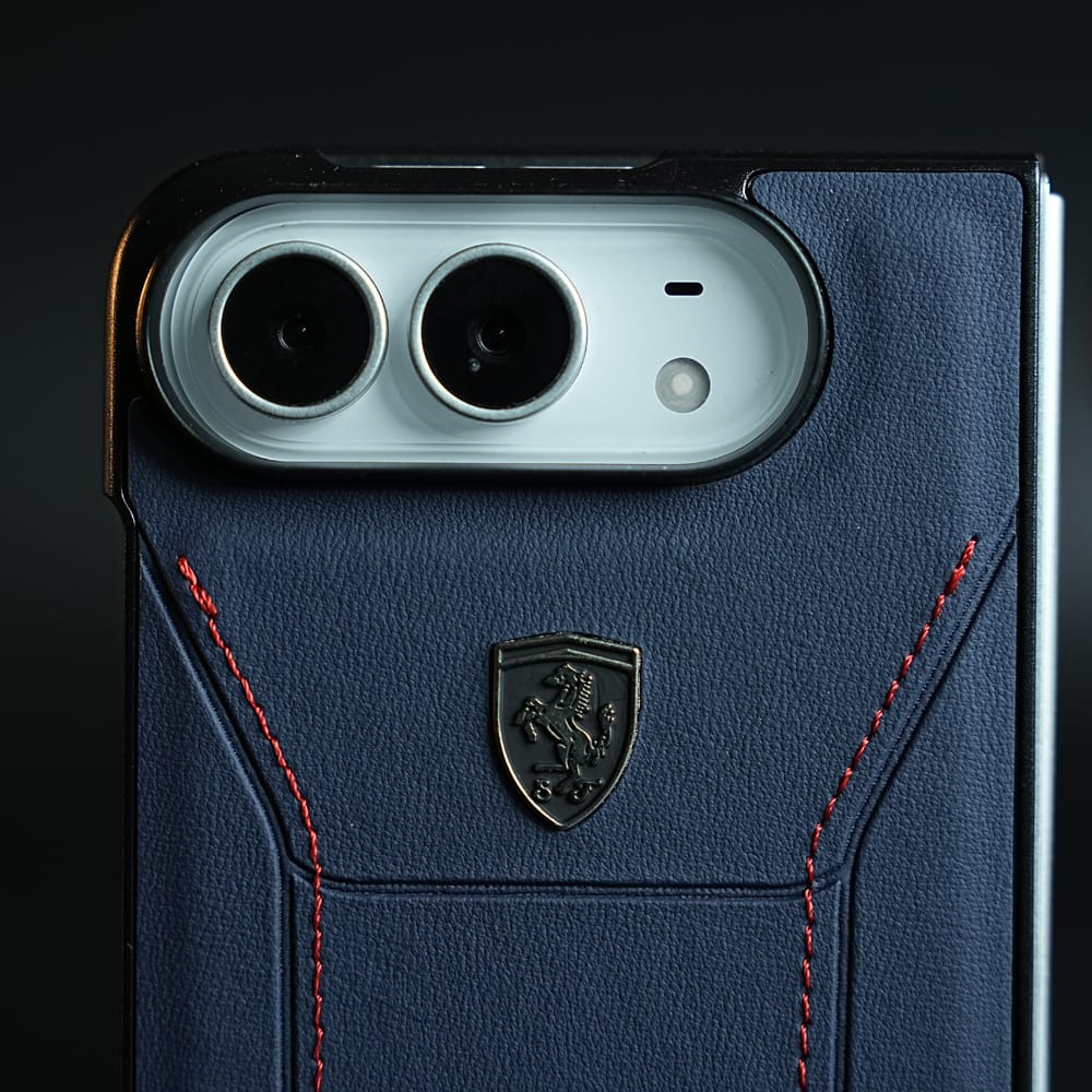 Racing-Inspired Leather-Texture Case for iPhone Duo | Sporty Stitching & Shield Emblem Design