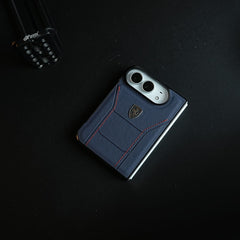 Racing-Inspired Leather-Texture Case for iPhone Duo | Sporty Stitching & Shield Emblem Design