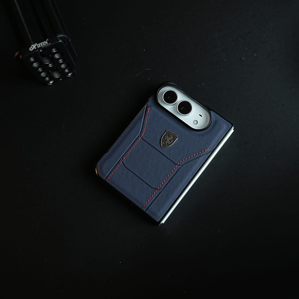 Racing-Inspired Leather-Texture Case for iPhone Duo | Sporty Stitching & Shield Emblem Design