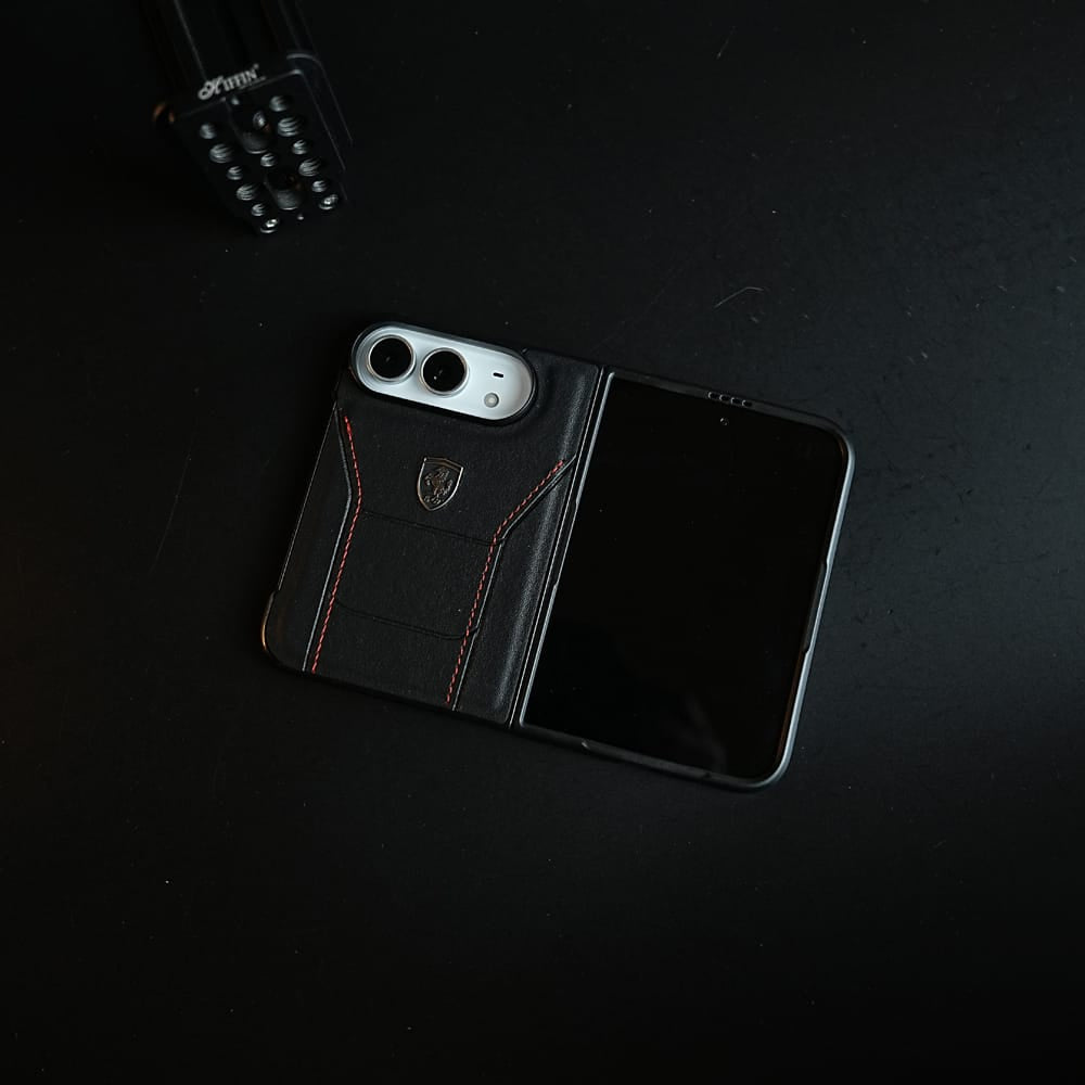 Racing-Inspired Leather-Texture Case for iPhone Duo | Sporty Stitching & Shield Emblem Design