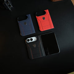 Racing-Inspired Leather-Texture Case for iPhone Duo | Sporty Stitching & Shield Emblem Design