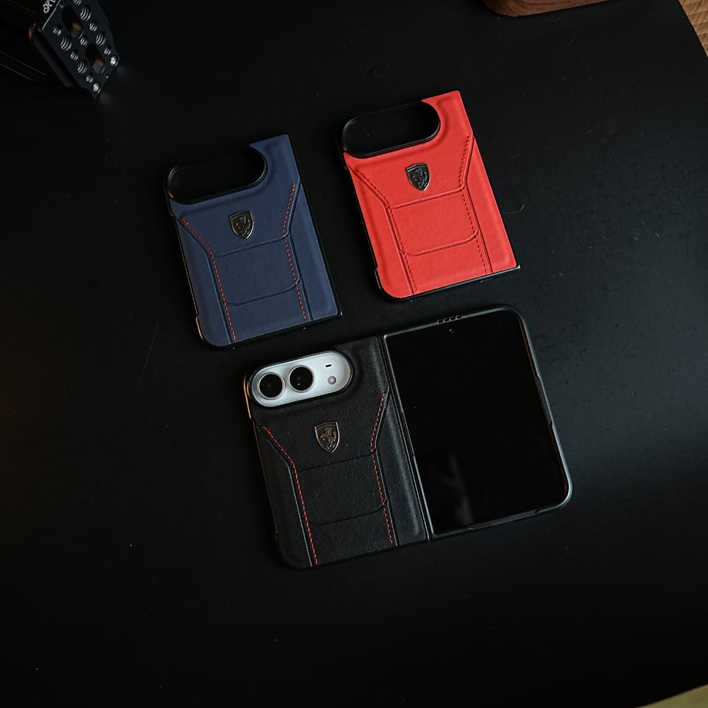 Racing-Inspired Leather-Texture Case for iPhone Duo | Sporty Stitching & Shield Emblem Design