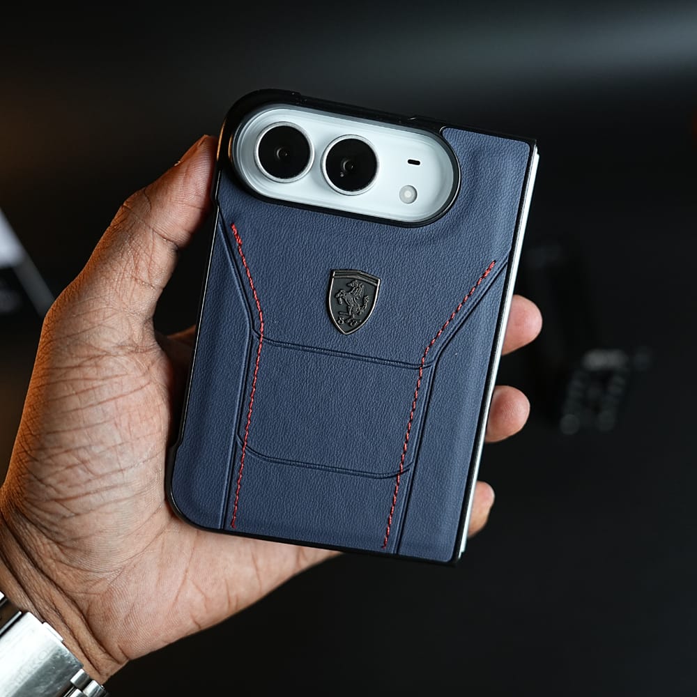 Racing-Inspired Leather-Texture Case for iPhone Duo | Sporty Stitching & Shield Emblem Design