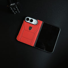 Racing-Inspired Leather-Texture Case for iPhone Duo | Sporty Stitching & Shield Emblem Design