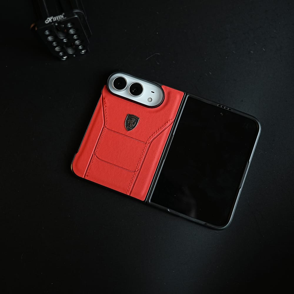 Racing-Inspired Leather-Texture Case for iPhone Duo | Sporty Stitching & Shield Emblem Design