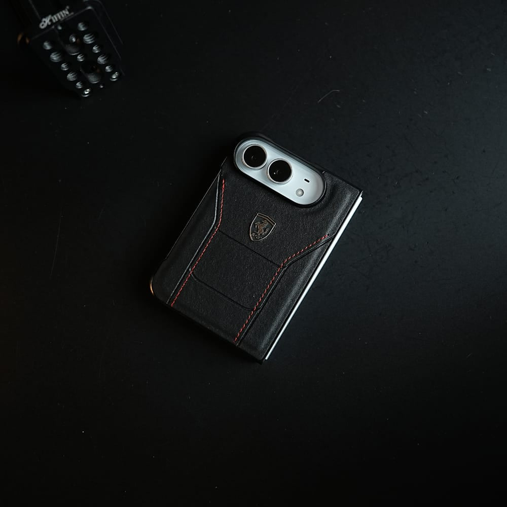 Racing-Inspired Leather-Texture Case for iPhone Duo | Sporty Stitching & Shield Emblem Design