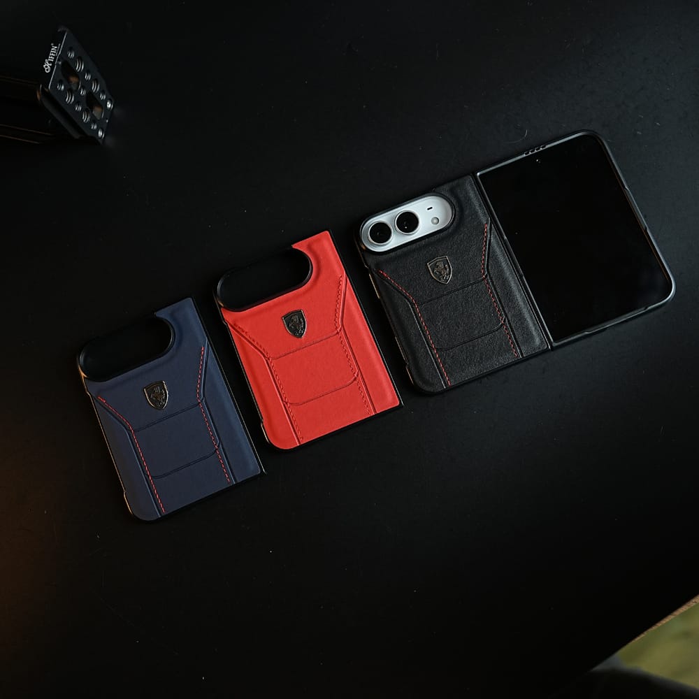 Racing-Inspired Leather-Texture Case for iPhone Duo | Sporty Stitching & Shield Emblem Design