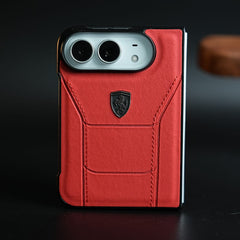 Racing-Inspired Leather-Texture Case for iPhone Duo | Sporty Stitching & Shield Emblem Design
