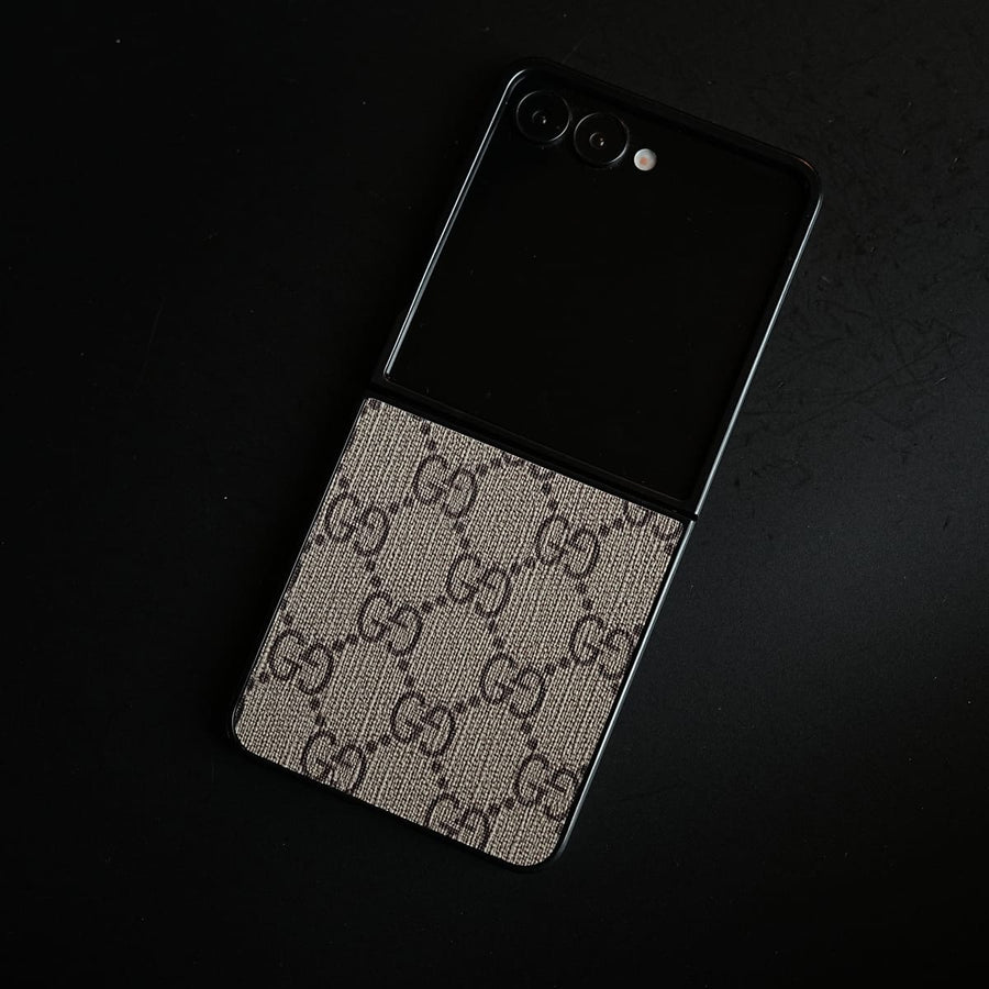 Samsung Galaxy Z Flip 8 Luxury Monogram Pattern PU Leather Case Cover (Beige)