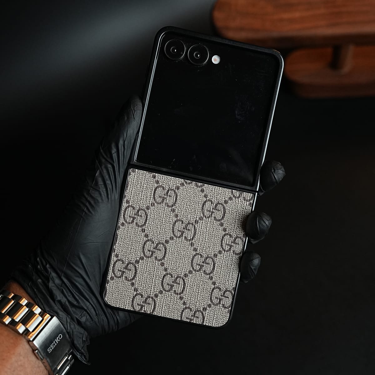 Samsung Galaxy Z Flip 8 Luxury Monogram Pattern PU Leather Case Cover (Beige)