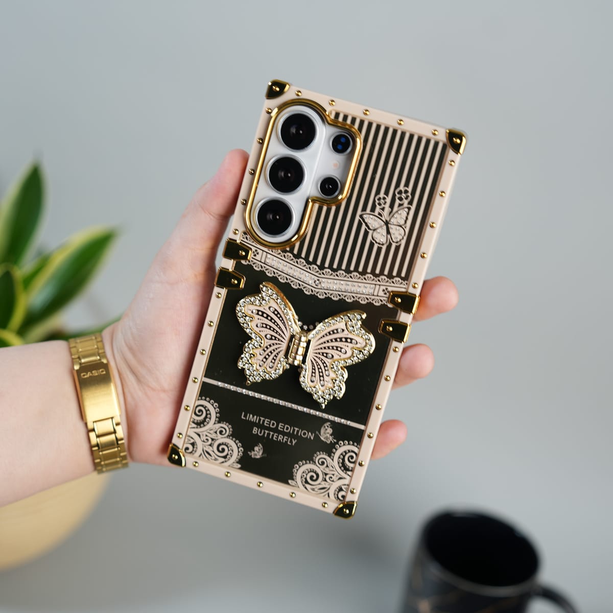 FRATO Samsung S26 Ultra Beige Galaxy S26 Ultra Luxury Butterfly Case | Trunk Frame Cover with 3D Butterfly | Premium Limited Edition Design
