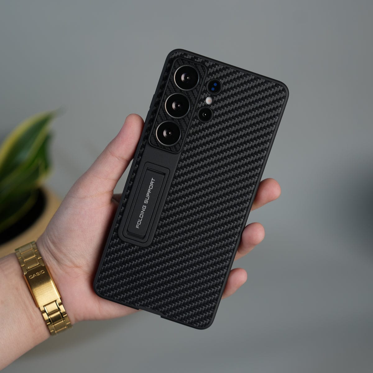 FRATO Samsung S26 Ultra Carbon fiber Texture Galaxy S26 Ultra Leather Texture Case with Folding Stand & Camera Protection | Shockproof Slim Cover