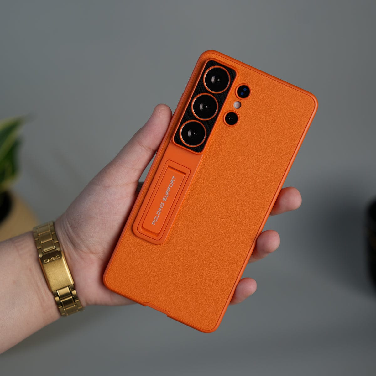 FRATO Samsung S26 Ultra Orange Galaxy S26 Ultra Leather Texture Case with Folding Stand & Camera Protection | Shockproof Slim Cover