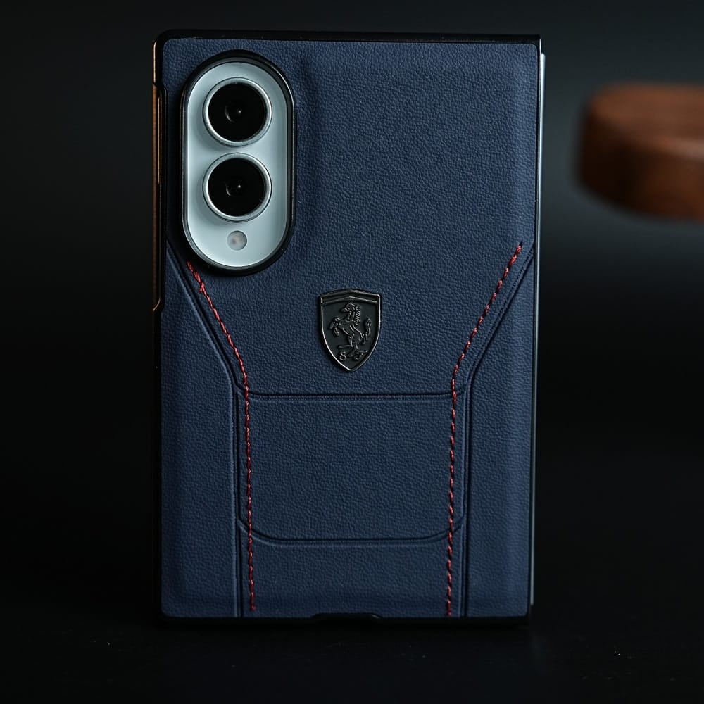 Racing-Inspired Leather-Texture Case for Samsung Galaxy Z Fold 8 | Sporty Stitching & Shield Emblem Design
