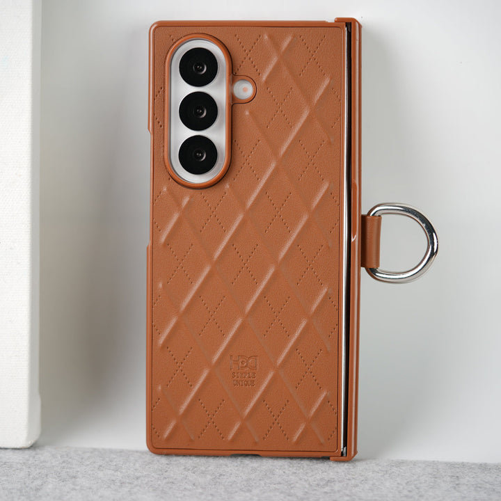 Samsung Galaxy Z Fold 7 PU Leather Cross Dot Hinge Protection Metal Ring Case Cover