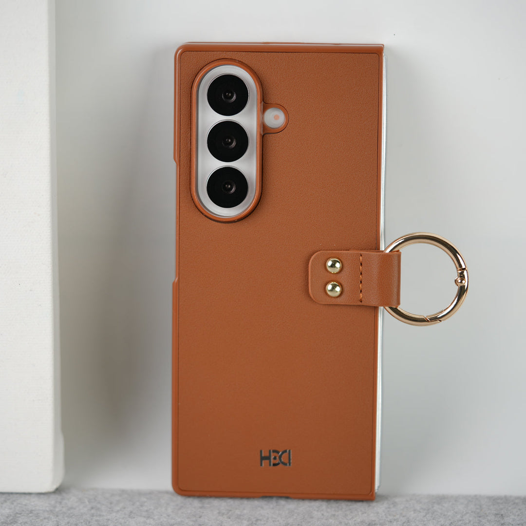 Samsung Galaxy Z Fold 7 Matte Finish PU Leather Case Cover With Metal Ring Holder