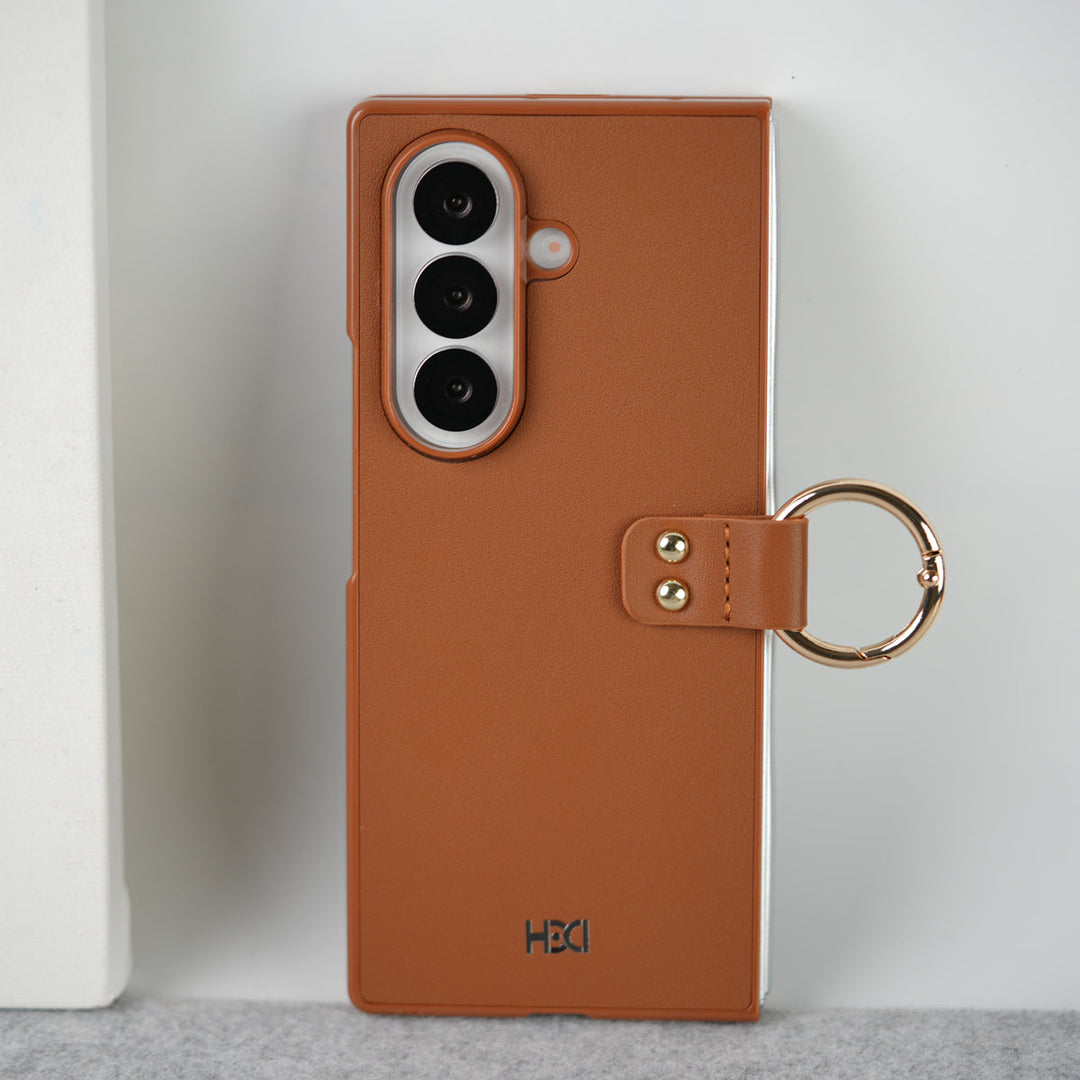 Samsung Galaxy Z Fold 7 Matte Finish PU Leather Case Cover With Metal Ring Holder