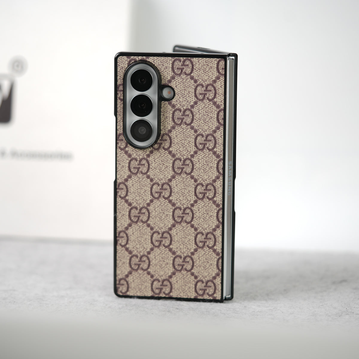 Luxury GG Pattern PU Leather Case Cover For Samsung Galaxy Z Fold 8 Ultra (Beige)