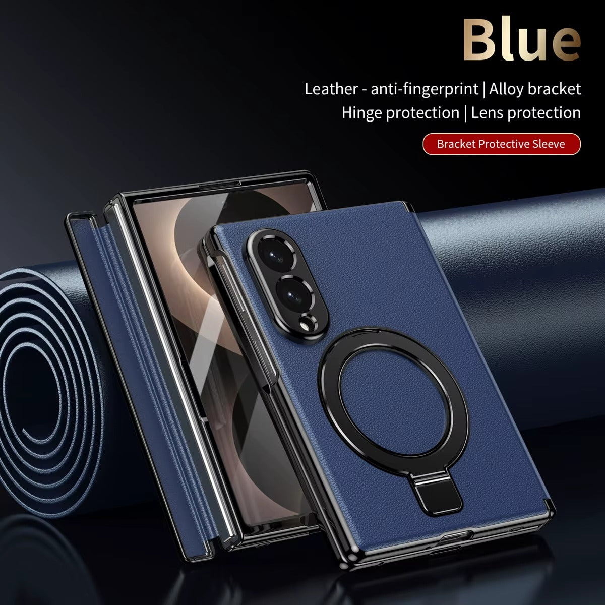 Leather Texture Magnetic Ring Stand Case for Samsung Galaxy Z Fold 8 | Front Glass Cover