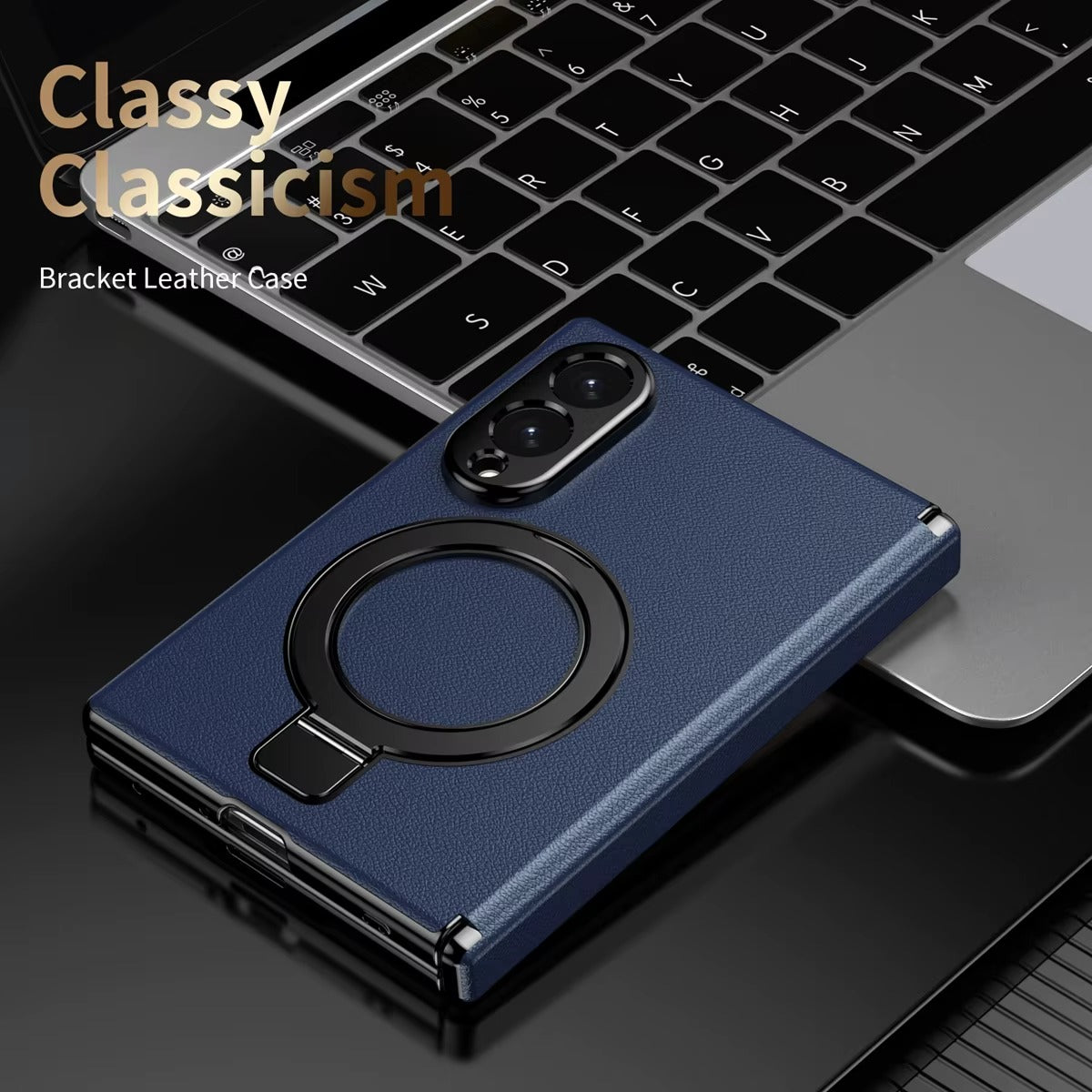 Leather Texture Magnetic Ring Stand Case for Samsung Galaxy Z Fold 8 | Front Glass Cover