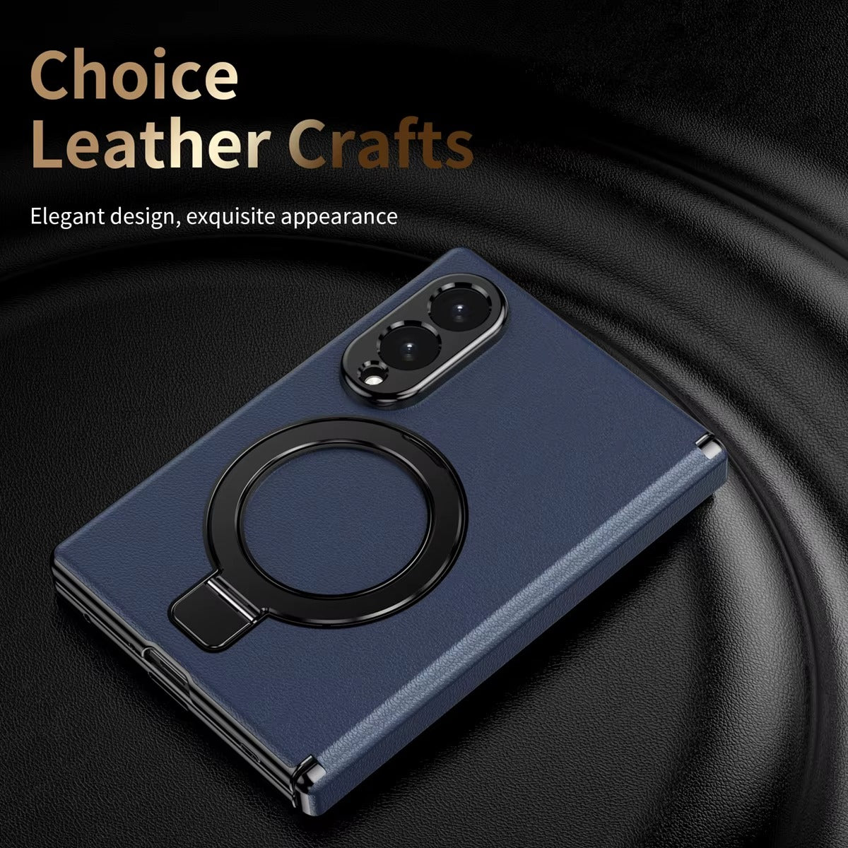 Leather Texture Magnetic Ring Stand Case for Samsung Galaxy Z Fold 8 | Front Glass Cover