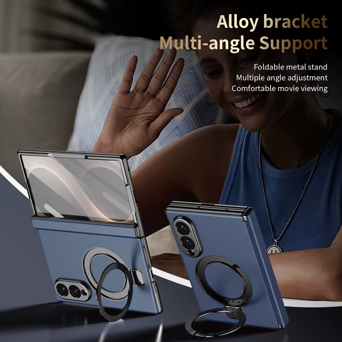 Leather Texture Magnetic Ring Stand Case for Samsung Galaxy Z Fold 8 | Front Glass Cover