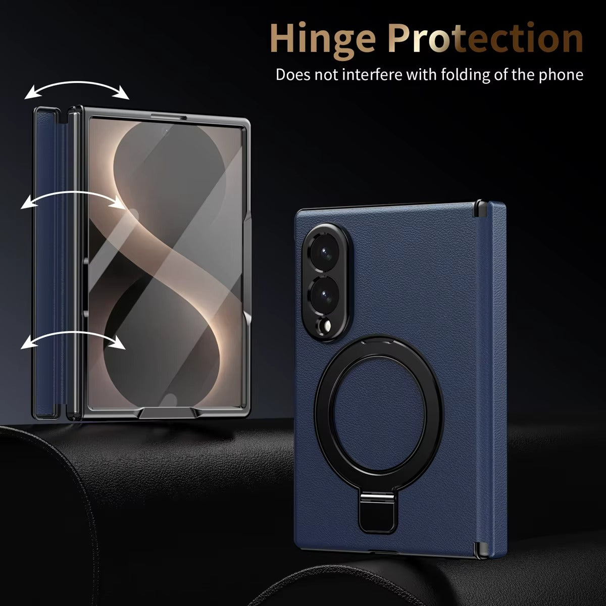 Leather Texture Magnetic Ring Stand Case for Samsung Galaxy Z Fold 8 | Front Glass Cover