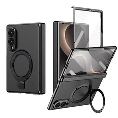 Leather Texture Magnetic Ring Stand Case for Samsung Galaxy Z Fold 8 | Front Glass Cover