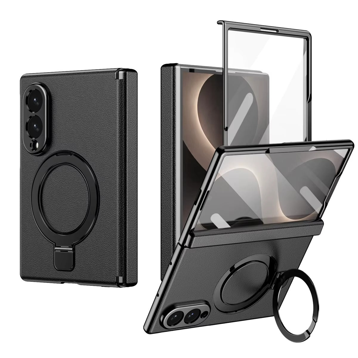 Leather Texture Magnetic Ring Stand Case for Samsung Galaxy Z Fold 8 | Front Glass Cover