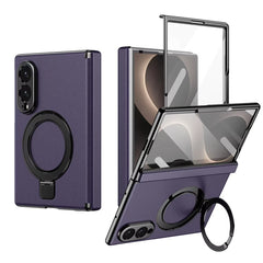 Leather Texture Magnetic Ring Stand Case for Samsung Galaxy Z Fold 8 | Front Glass Cover