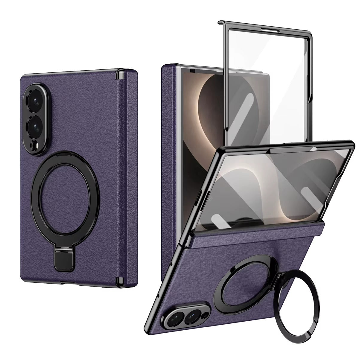 Leather Texture Magnetic Ring Stand Case for Samsung Galaxy Z Fold 8 | Front Glass Cover