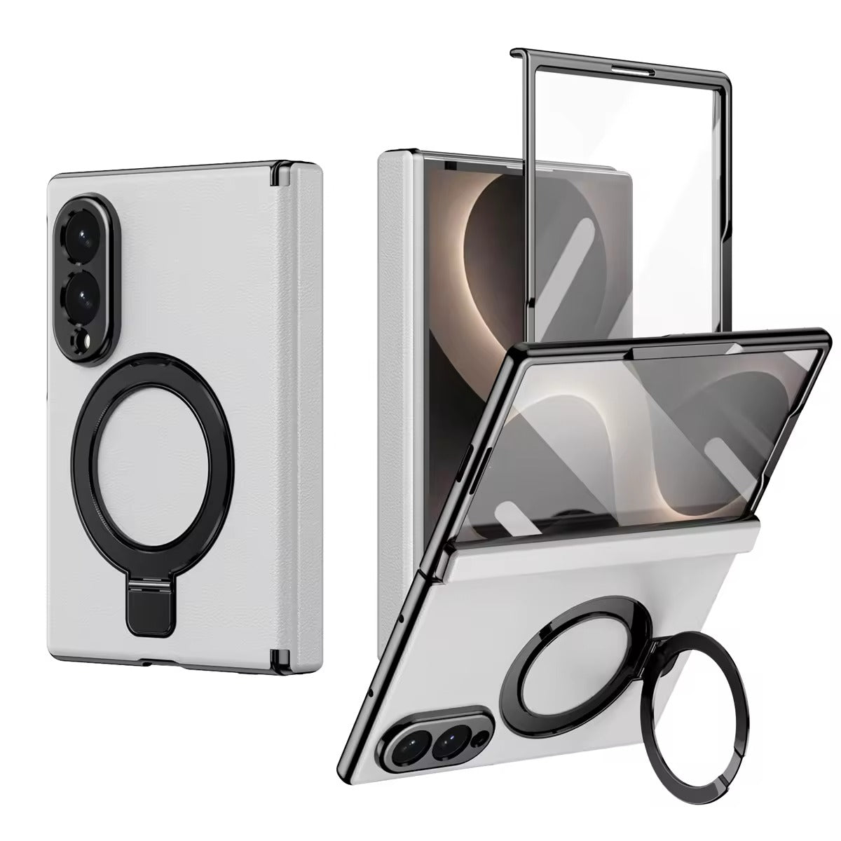 Leather Texture Magnetic Ring Stand Case for Samsung Galaxy Z Fold 8 | Front Glass Cover
