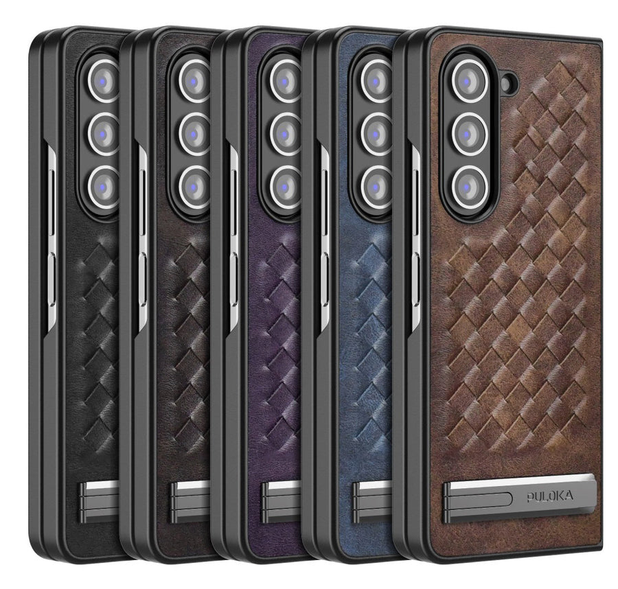 Samsung Galaxy Z Fold 5 PU Weave Leather with Metal Kickstand Slim Back Cover