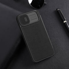 iPhone 15 Pro Series Nillkin Qin Pro Plain Leather+Cloth Flip case Cover (Black)