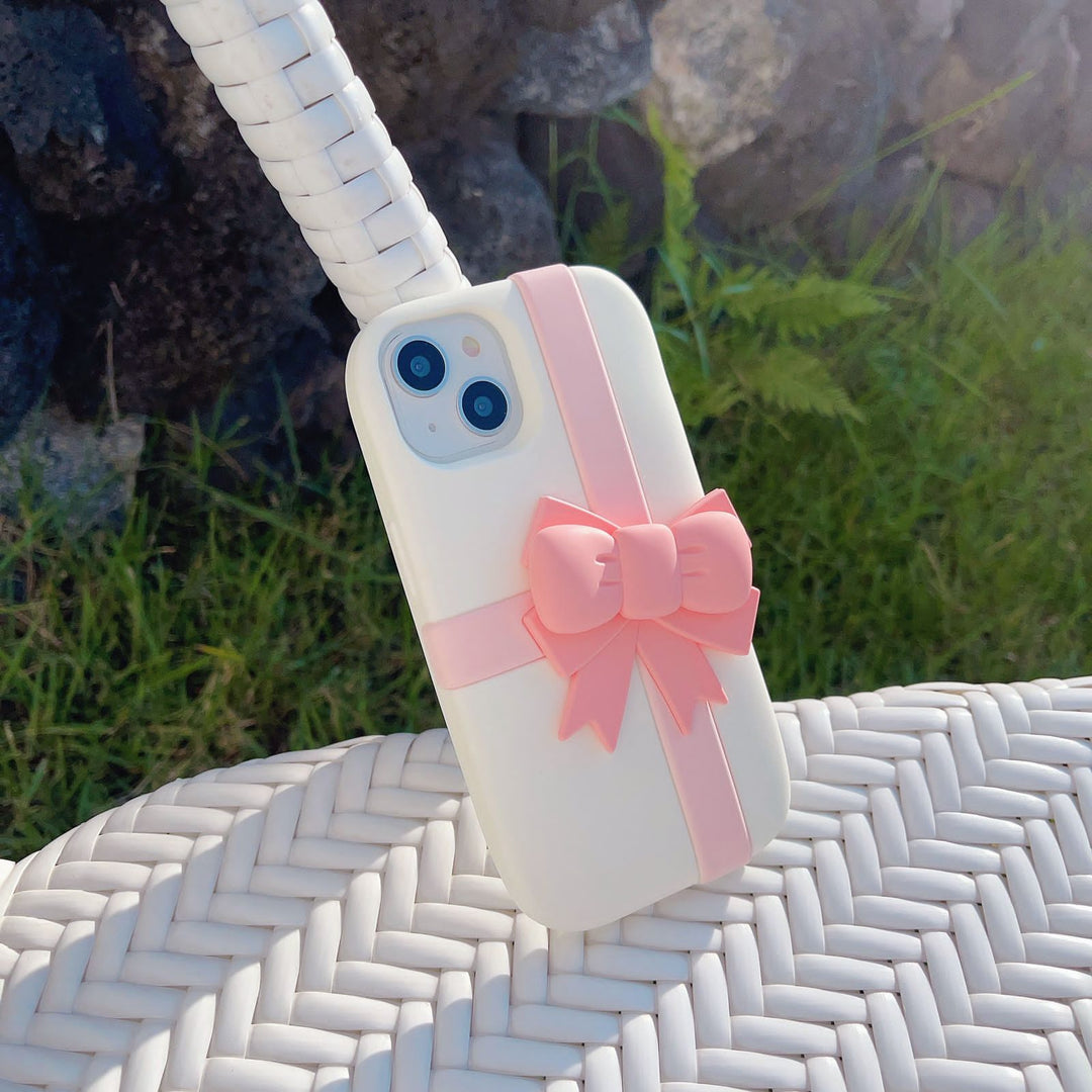 iPhone 15 Series Pink Bow Silicone Case Cover (White)