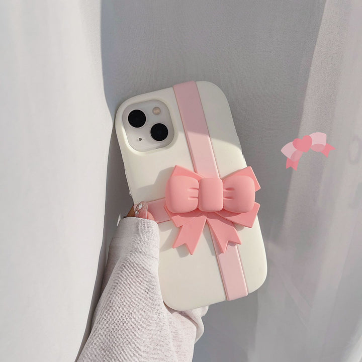 iPhone 15 Series Pink Bow Silicone Case Cover (White)