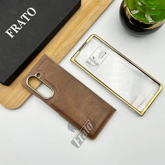 Samsung Galaxy Z Fold 6 PU Leather Chrome Plated With Front Screen Protector Case Cover
