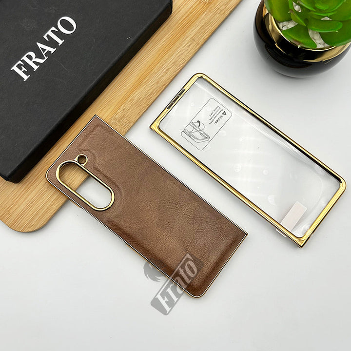 Samsung Galaxy Z Fold 6 PU Leather Chrome Plated With Front Screen Protector Case Cover
